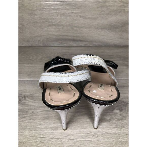miu miu Great Labels White Patent Black Bow Peep Slingback Heels Women Sz 37EU/6 - Picture 15 of 16